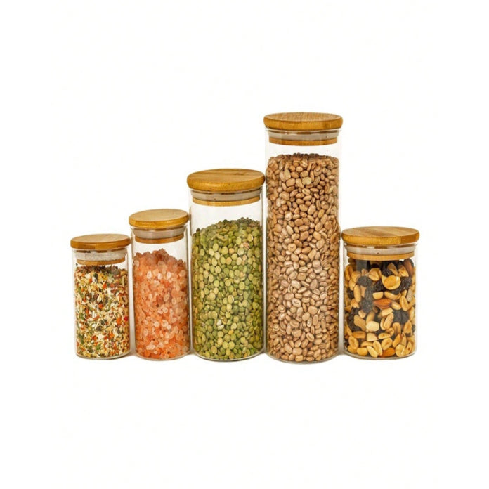 5 Potes De Vidro para Mantimentos com Tampa em Bambu - Casa Titan