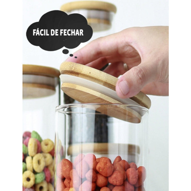5 Potes De Vidro para Mantimentos com Tampa em Bambu - Casa Titan